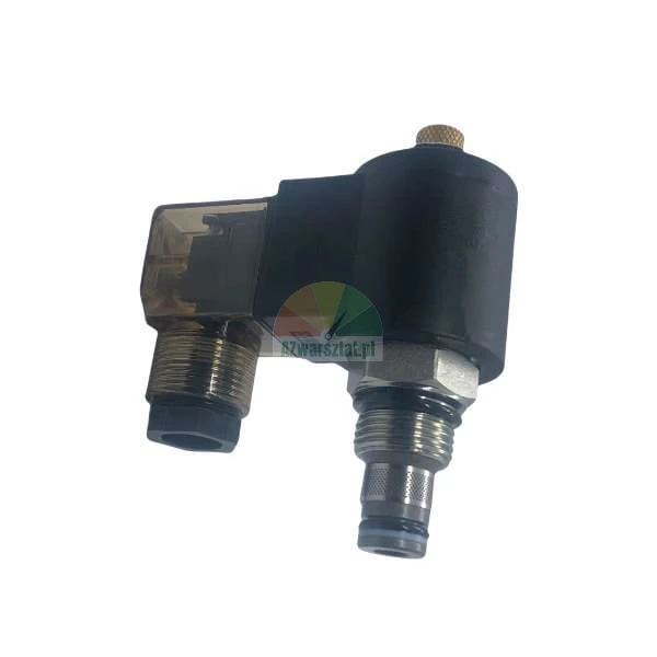 Hydraulisches Magnetventil mit Spule und Stecker, Seitenansicht auf weißem Hintergrund.