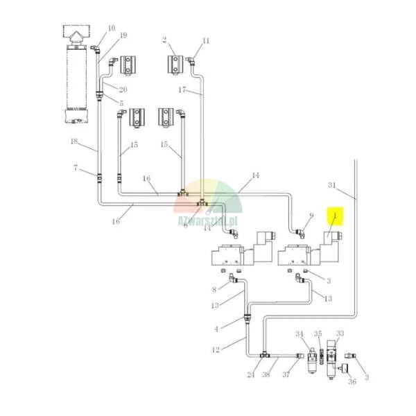 Technische Zeichnung eines Hydrauliksystems mit nummerierten Komponenten, Nummer 1 gelb markiert.