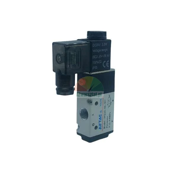 Pneumatisches Magnetventil AirTAC 3V210-08-NC mit 24V DC Magnetspule und Stecker.