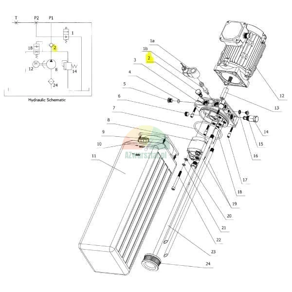 Explosionszeichnung und Hydraulikschaltplan eines Hydraulikaggregats mit hervorgehobenem Rückschlagventil (Nummer 2).
