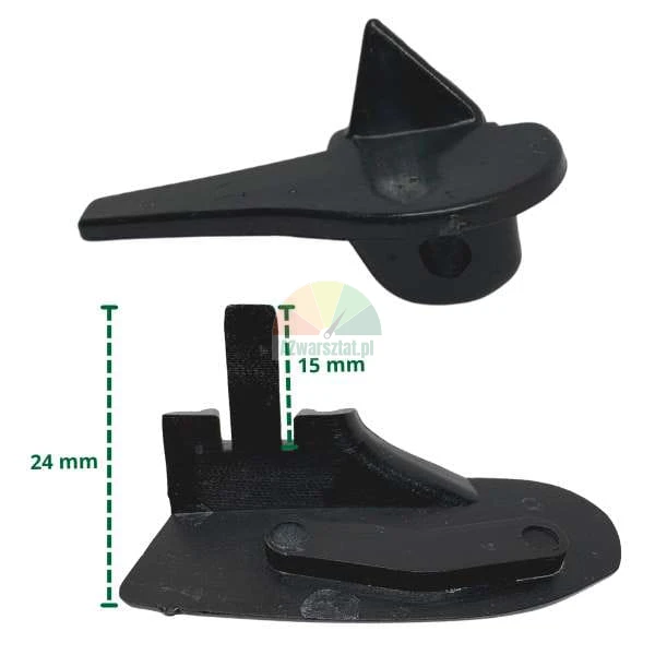 Schwarzes Kunststoff-Strukturelement mit Abmessungen von 15 mm und 24 mm aus zwei Perspektiven dargestellt.
