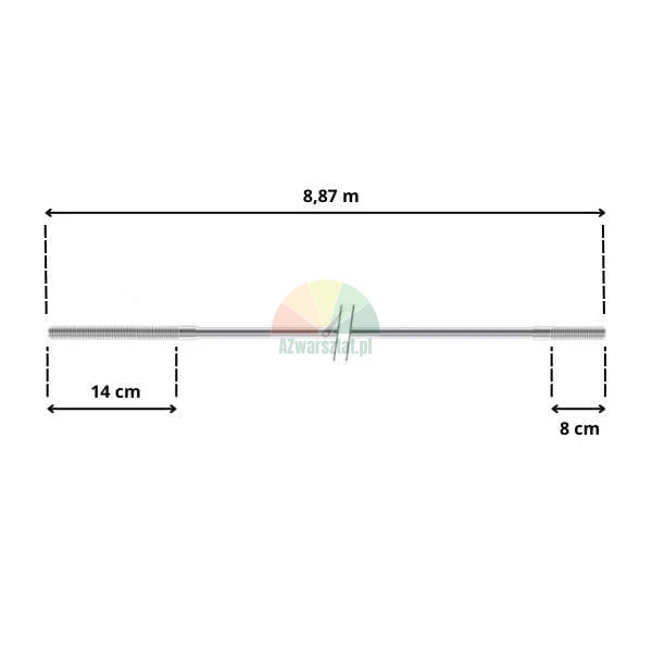 Technische Zeichnung einer Metallstange mit einer Gesamtlänge von 8,87 m und Gewindeenden von 14 cm und 8 cm.