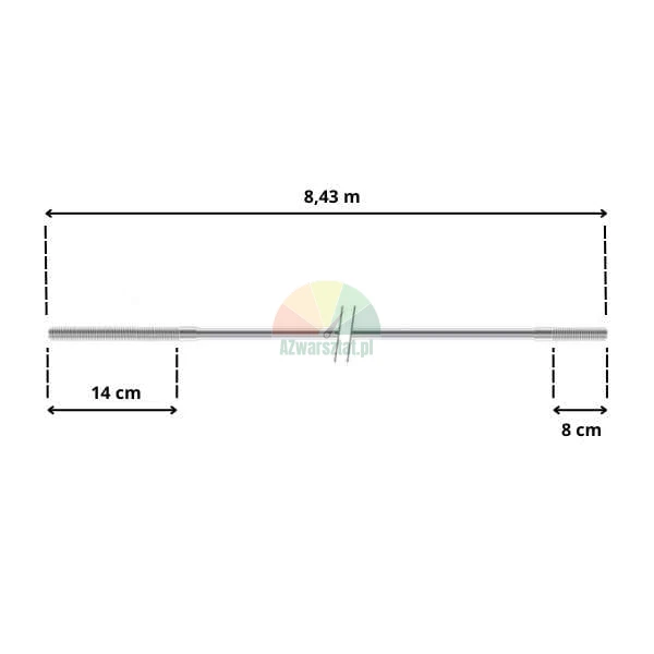 Metallstange mit einer Gesamtlänge von 8,43 m und Gewindeenden von 14 cm und 8 cm.