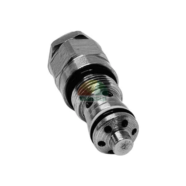 Hydraulisches Einschraubventil aus Metall mit schwarzen O-Ring-Dichtungen und mehreren Bohrungen.