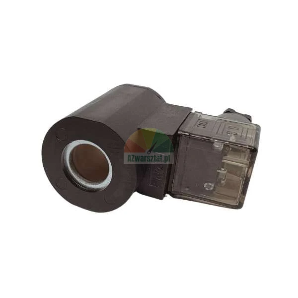 Magnetspule für Magnetventil mit DIN-Stecker, schwarzes Gehäuse mit transparentem Anschluss.