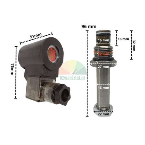 Magnetspule 16mm / 24V DC mit Ablassventil und technischen Abmessungen