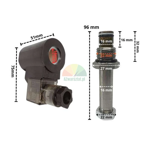 Magnetspule 16mm / 24V DC mit Ablassventil und technischen Abmessungen