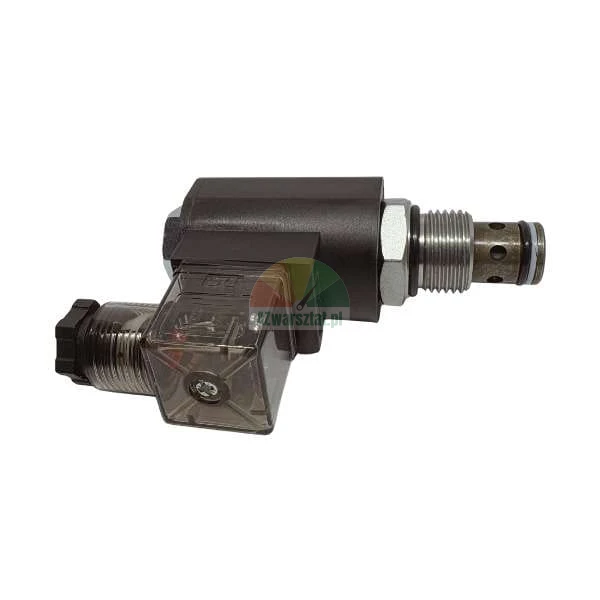 Hydraulisches Magnetpatronenventil mit Spule und Gerätestecker auf weißem Hintergrund.