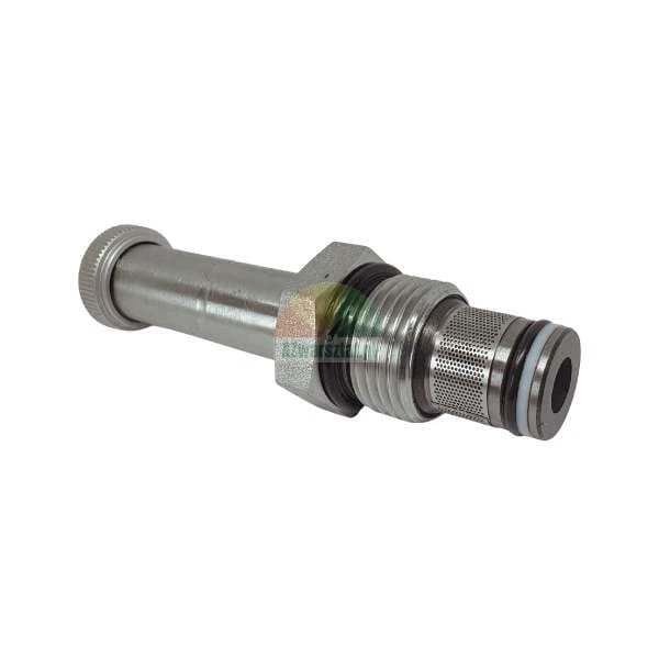 Hydraulikventil aus Metall mit Siebfilter und O-Ring-Dichtungen auf weißem Hintergrund.