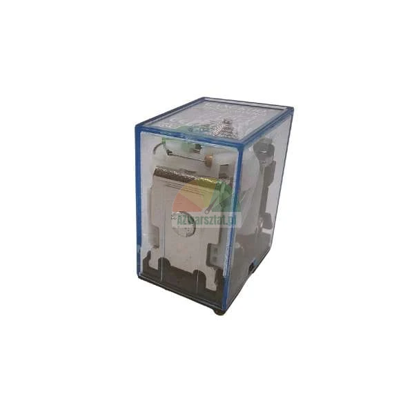 Elektromagnetisches Relais in einem transparenten Gehäuse mit blauem Rahmen.