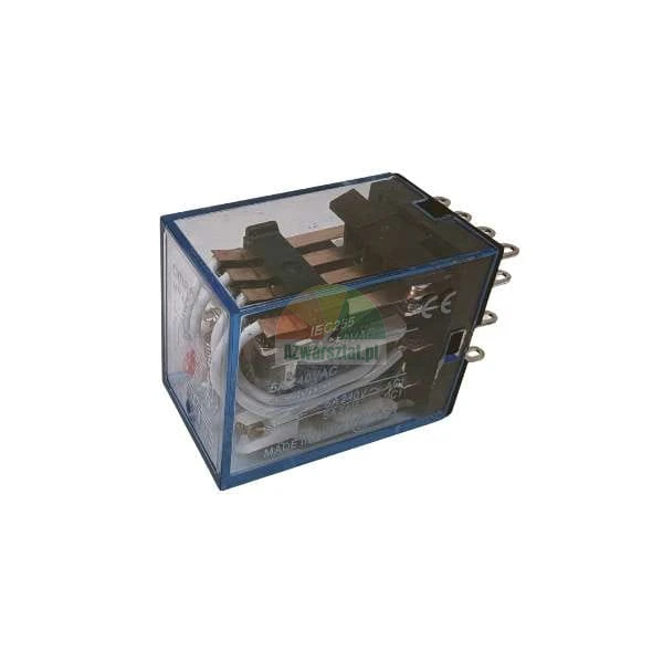 Elektromagnetisches Relais in einem transparenten Gehäuse mit sichtbaren internen Kontakten und Verdrahtung.