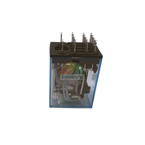 Elektromagnetisches Relais in einem transparenten blauen Gehäuse mit sichtbaren Kontaktstiften.