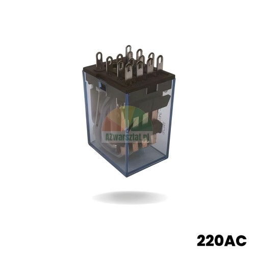 Hilfs- / Leistungsrelais 220V AC in einem transparenten Gehäuse mit sichtbarem Innenmechanismus und Anschlussstiften.