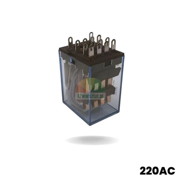 Hilfs- / Leistungsrelais 220V AC in einem transparenten Gehäuse mit sichtbarem Innenmechanismus und Anschlussstiften.