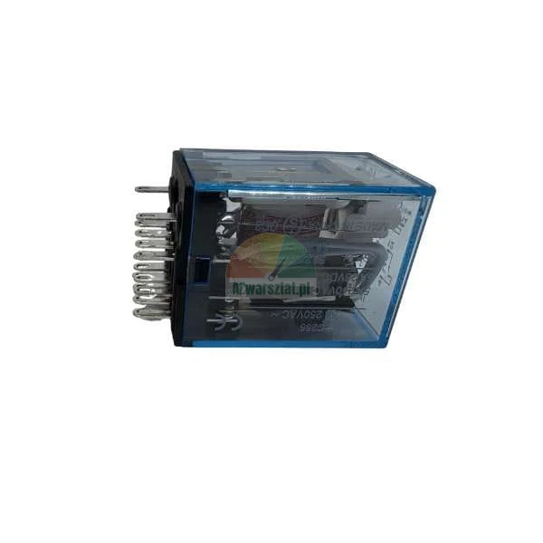 Transparentes elektromagnetisches Relais mit Metallstiften in einem blauen Kunststoffgehäuse.