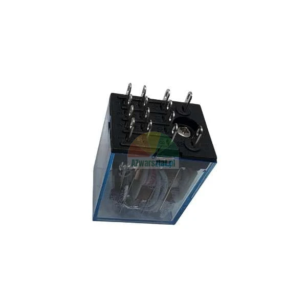 Elektromagnetisches Relais in einem transparenten Gehäuse mit sichtbaren Stiften auf einem schwarzen Sockel.