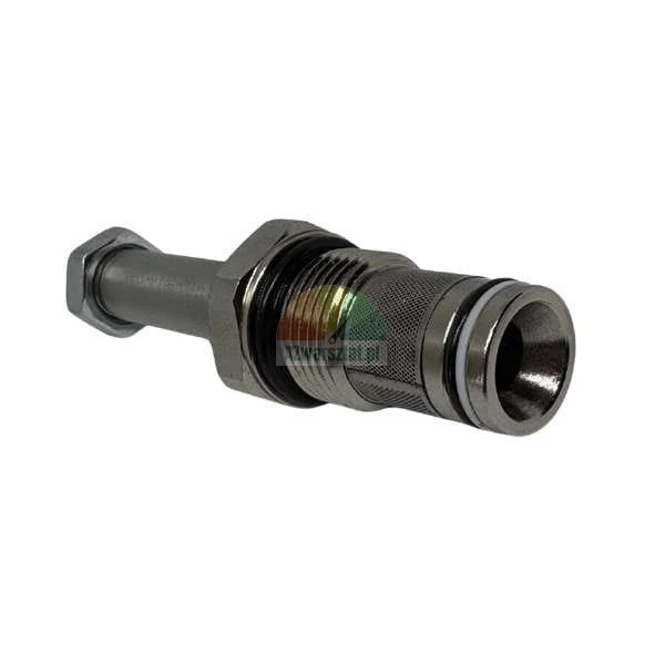 Hydraulisches Einschraubventil aus Metall mit Siebfilter und O-Ringen auf weißem Hintergrund.