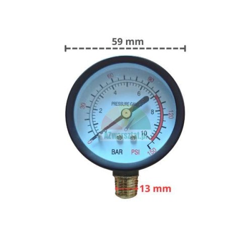 Manometer mit 13mm Gewinde, 10bar 150PSI Skala, 59mm Durchmesser