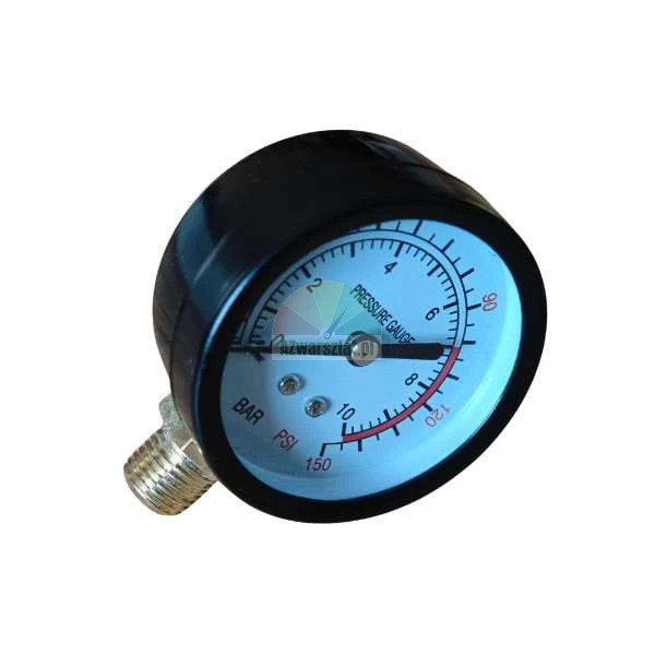 Analoges Manometer im schwarzen Gehäuse mit seitlichem Anschluss, Anzeige der Einheiten Bar und PSI.