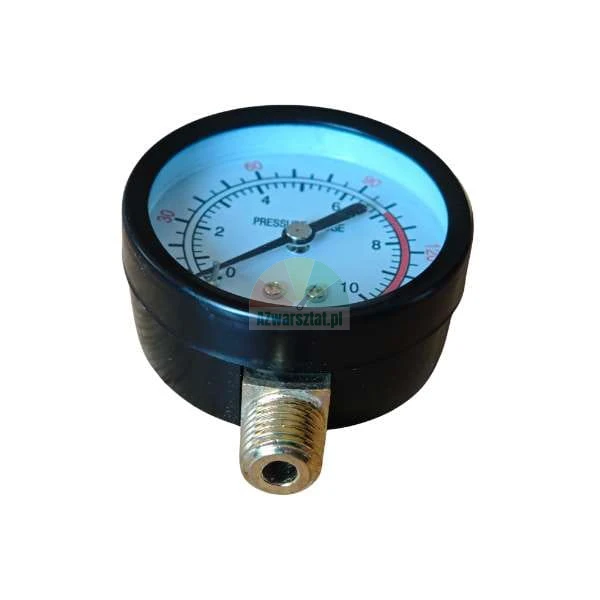 Rundes Manometer im schwarzen Gehäuse mit unterem Anschluss.