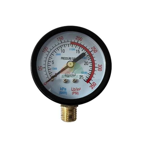 Analoges Manometer mit Doppelskala in Bar und PSI und unterem Messinganschluss.