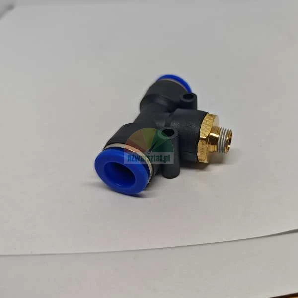 Pneumatische T-Steckverbindung mit Messing-Außengewinde und blauen Löseringen