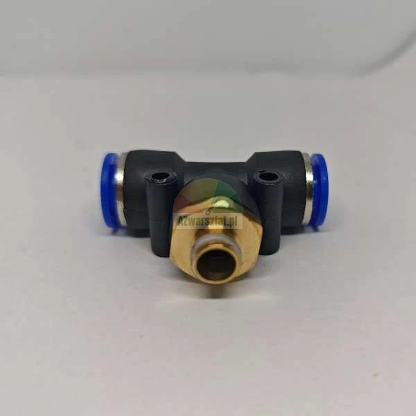 Pneumatische T-Steckverschraubung mit Messing-Außengewinde und blauen Löseringen.