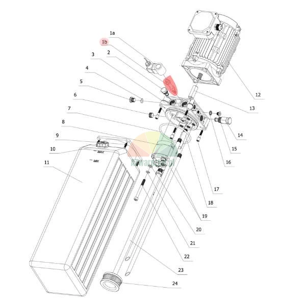 Technische Zeichnung der Twin Busch Hydraulikpumpe mit markiertem XYF-C Absenkventil.