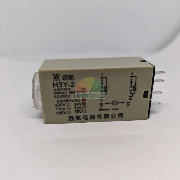 Elektronisches Zeitrelais H3Y-2, 5A 250VAC, beiges Gehäuse mit Schaltplan.
