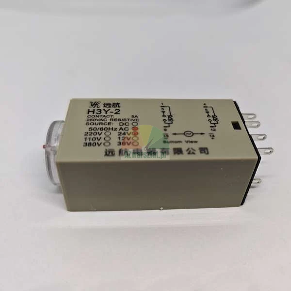 H3Y-2 Zeitrelais mit 5A 250VAC Kontakten und 24V DC Spannungsversorgung, mit Schaltplan und Anschlussstiften.