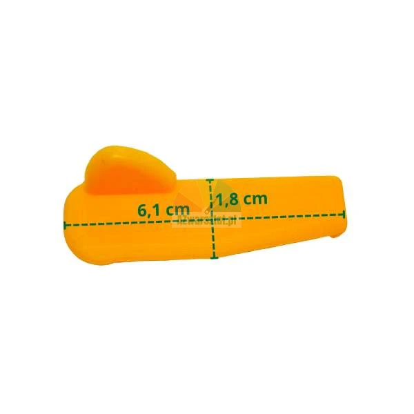 Orangefarbener Keil zum Fliesenlegen mit Abmessungen von 6,1 cm Länge und 1,8 cm Höhe.