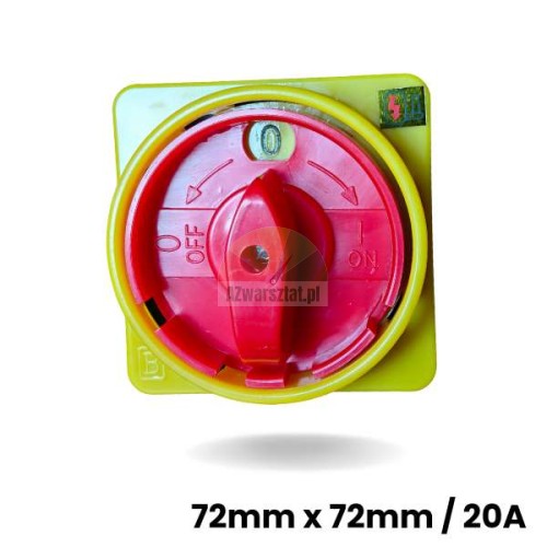 Hauptschalter rot-gelb 7,2cm x 7,2cm 20A mit Drehgriff in OFF-Stellung