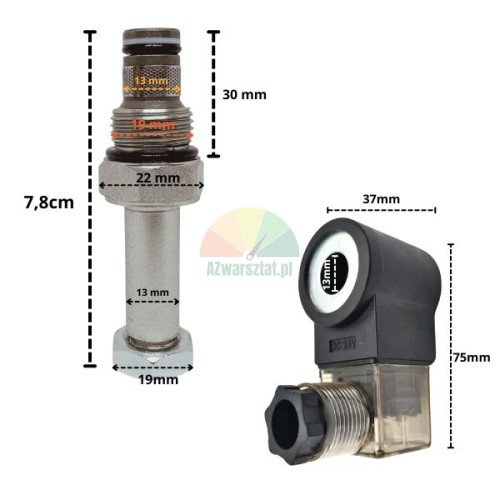 Senkventil 19mm Gewinde mit 24V DC Magnetspule und Abmessungen