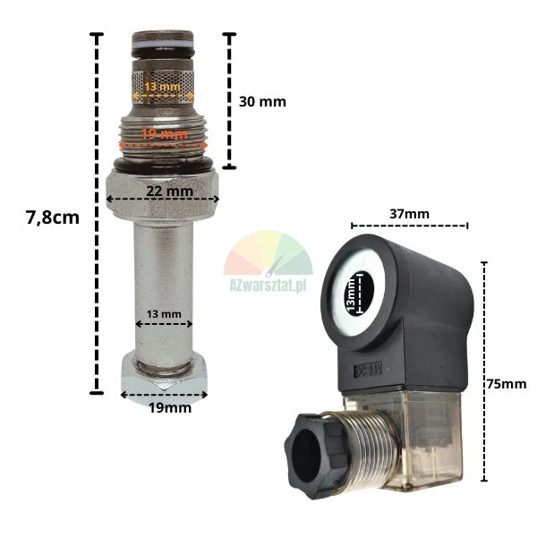 Senkventil 19mm Gewinde mit 24V DC Magnetspule und Abmessungen