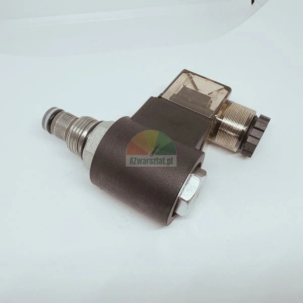 Hydraulisches Magnetventil mit schwarzer Spule, transparentem Steckeranschluss und Gewindeanschluss mit Filter auf weißem Hintergrund.