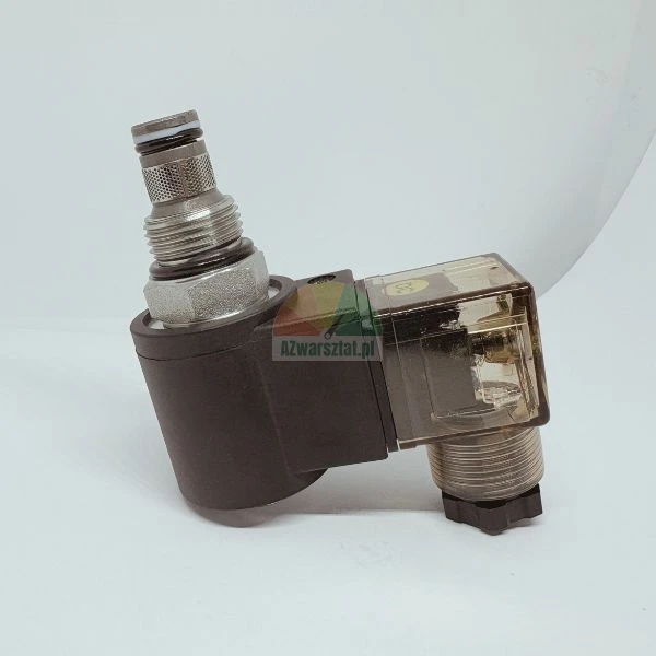 Hydraulisches Magnetventil mit einer Spule und einem transparenten elektrischen Stecker auf weißem Hintergrund.