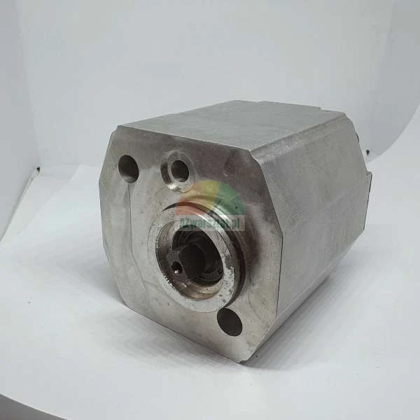 Industrielle Hydraulikpumpe oder Motor in einem Metallgehäuse mit sichtbarer Welle und Montagelöchern.
