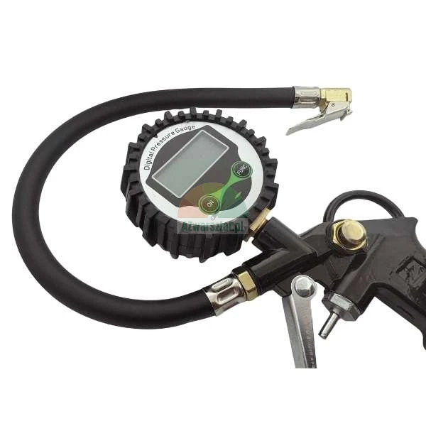 Digitaler Reifenfüllmesser mit Manometer und Schlauch.