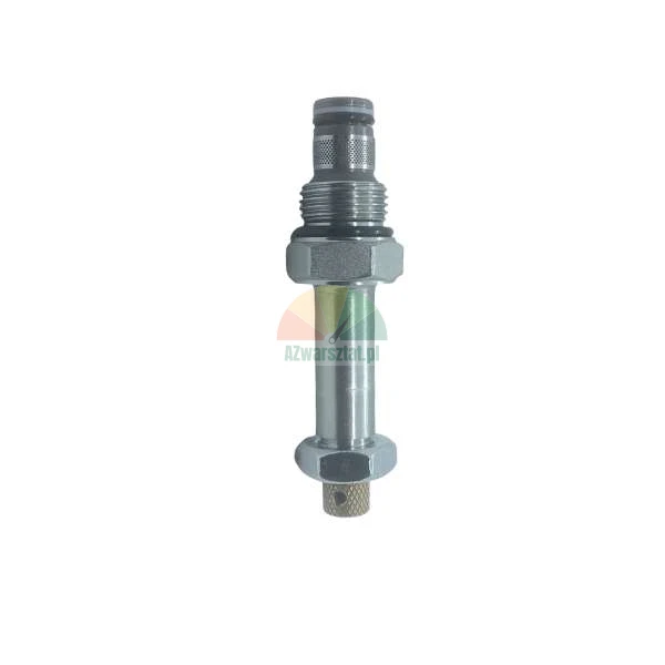 Hydraulisches Patronenventil aus Metall mit Sieb und Sechskantmuttern auf weißem Hintergrund.