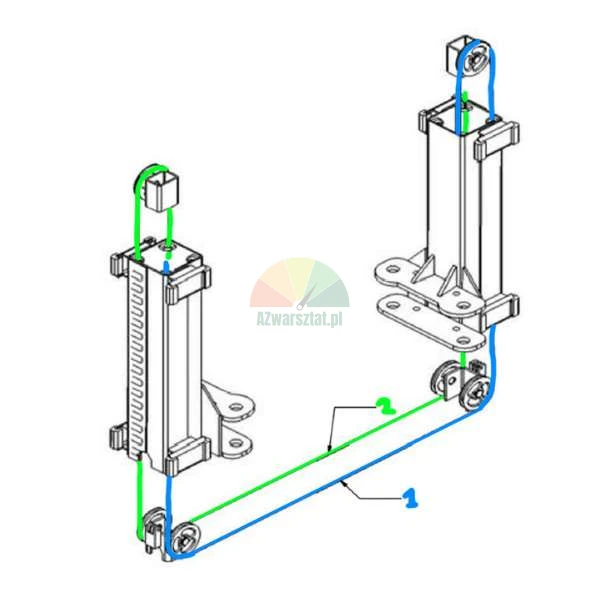 Technisches Diagramm der Seilführung für eine Zwei-Säulen-Hebebühne mit grün (2) und blau (1) markierten Pfaden.