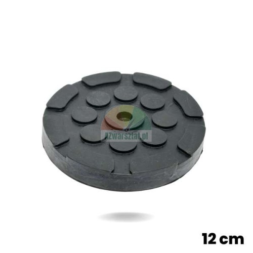 Runde schwarze Gummiauflage für Hebebühnen 12cm Durchmesser mit einem Loch und rutschfester Struktur.
