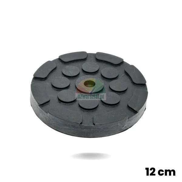 Runde schwarze Gummiauflage für Hebebühnen 12cm Durchmesser mit einem Loch und rutschfester Struktur.