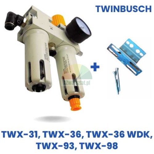 Twin Busch Ersatzteil: Komplette Druckluft Wartungseinheit Typ B für Modelle TWX-31, TWX-36, TWX-36 WDK, TWX-93, TWX-98 mit Manometer und Halterung.
