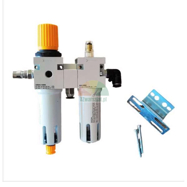 Wartungseinheit für Druckluft mit Filter, Regler und Öler, inklusive Montagehalterung und Schrauben.