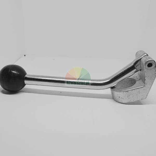 Metallhebel mit schwarzem Kugelgriff und Aluminiumhalterung.