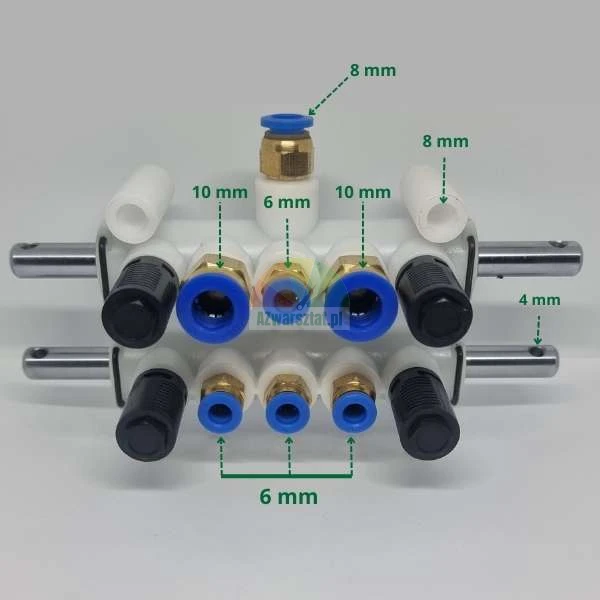 Weißer Pneumatik-Verteilerblock mit blauen Schnellverschlüssen und markierten Maßen von 4 mm, 6 mm, 8 mm und 10 mm.