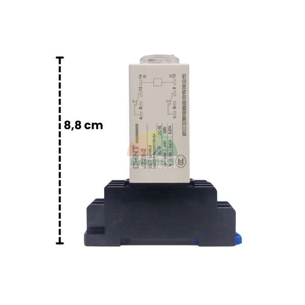 CHNT JSZ6-2 Zeitrelais auf einem schwarzen Sockel mit einer Höhenangabe von 8,8 cm auf der linken Seite.