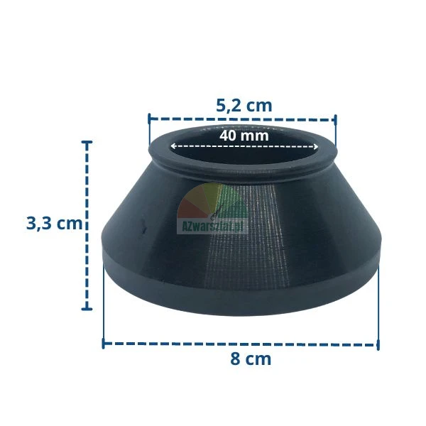 Schwarze konische Gummidichtung mit Maßen: Höhe 3,3 cm, Basisdurchmesser 8 cm, oberer Durchmesser 5,2 cm und Innenöffnung 40 mm.