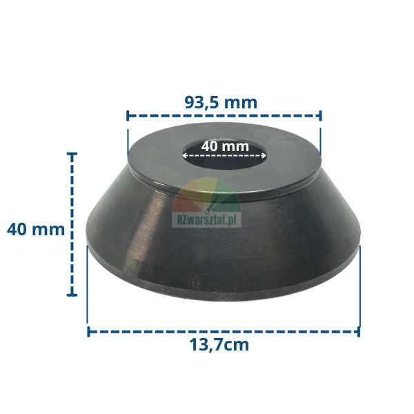 Metall-Zentrierkonus für Auswuchtmaschine mit Maßen: Höhe 40 mm, Lochdurchmesser 40 mm, oberer Durchmesser 93,5 mm und Basisdurchmesser 13,7 cm.