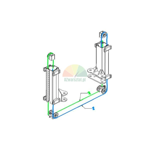Technische Zeichnung des Drahtseilsystems einer Zwei-Säulen-Hebebühne mit Kennzeichnung 1 und 2.